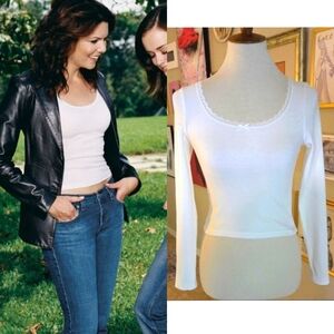 Y2K Lorelai‎ Gilmore Alternative White Ribbed Lace Trim Bow Long Sleeve Crop Top